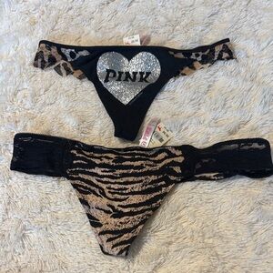 PINK Victoria's Secret Black & Tan Animal Print Thong Set